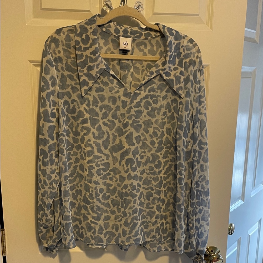 CAbi Pale Blue Leopard-Print Long Sleeve Blouse